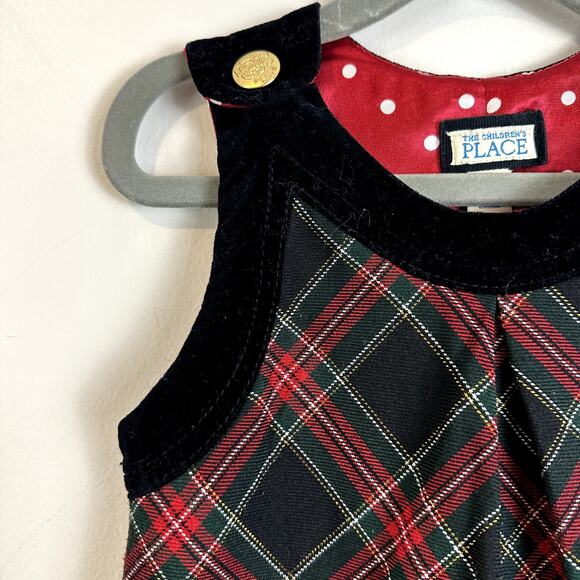 Children's Place Tartan Plaid Dress Pinafore Velvet Girl 3T Black Red Christmas - Picture 5 of 8